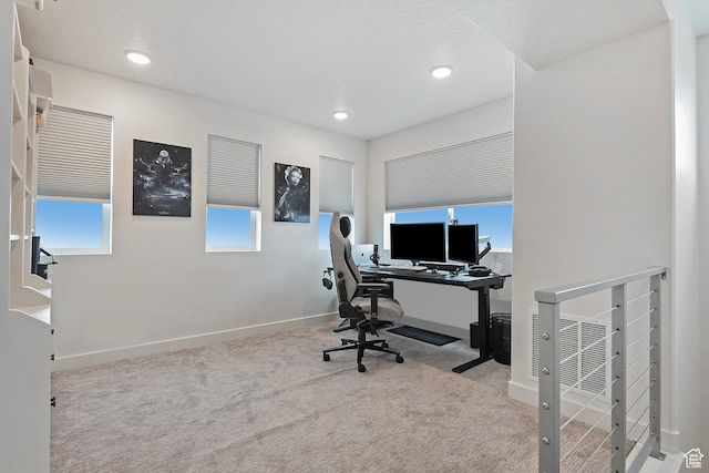 home office with carpet floors, recessed lighting, and baseboards