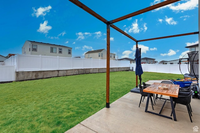 view of yard with a patio area, a fenced backyard, and a residential view