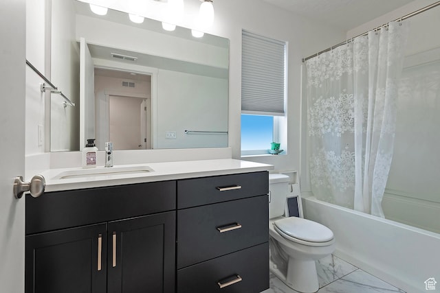bathroom featuring visible vents, toilet, marble finish floor, shower / bath combo with shower curtain, and vanity