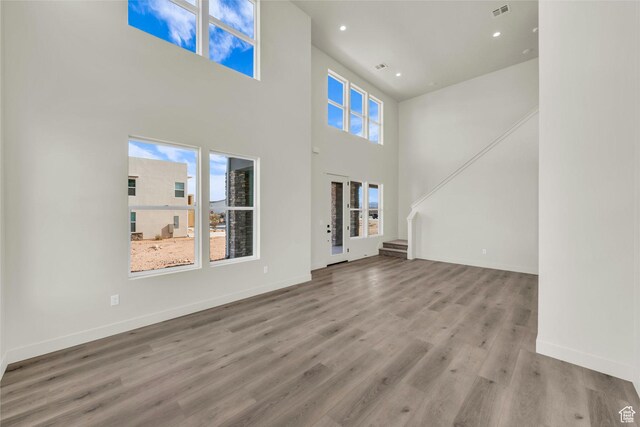 560 W Aqua Cv Unit 506, St George, UT 84790 - unfurnished living room with stairway, wood finished floors, visible vents, and baseboards