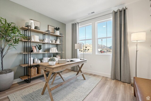 office area featuring baseboards, visible vents, and light wood-type flooring