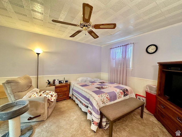 516 S Freedom Blvd, Provo, UT 84601 - bedroom featuring light carpet, ceiling fan, ornamental molding, and wainscoting