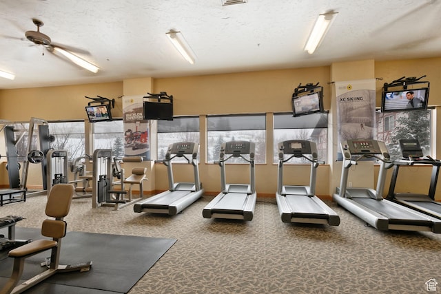workout area with plenty of natural light and a textured ceiling