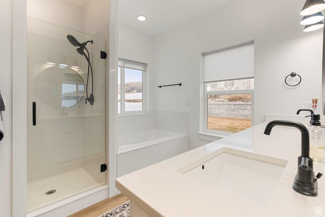 628 S 1080 E, Smithfield, UT 84335 - full bathroom featuring a shower stall, a garden tub, vanity, and wood finished floors