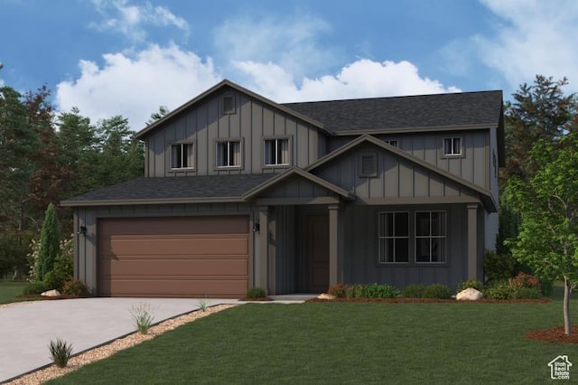 view of front of house with driveway, board and batten siding, a front yard, a garage, and a shingled roof