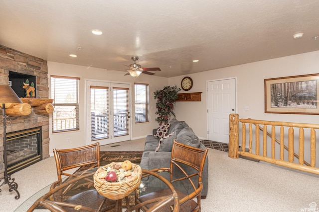 3612 N Huntsman Path Unit 603, Eden, UT 84310 - living room with a textured ceiling, a fireplace, carpet flooring, and recessed lighting