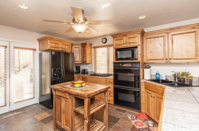 3612 N Huntsman Path Unit 603, Eden, UT 84310 - kitchen with black appliances, a sink, a ceiling fan, and stone finish flooring