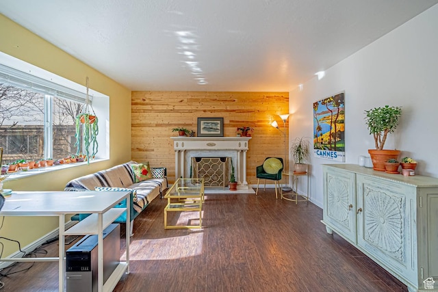 living area with a fireplace with raised hearth, an accent wall, wooden walls, wood finished floors, and baseboards