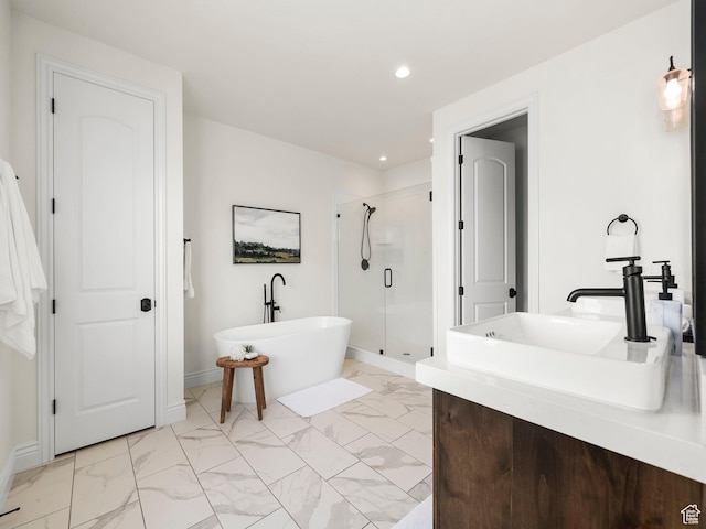 5351 S Lincoln Beach Rd, Spanish Fork, UT 84660 - bathroom featuring recessed lighting, marble finish floor, a shower stall, and a soaking tub