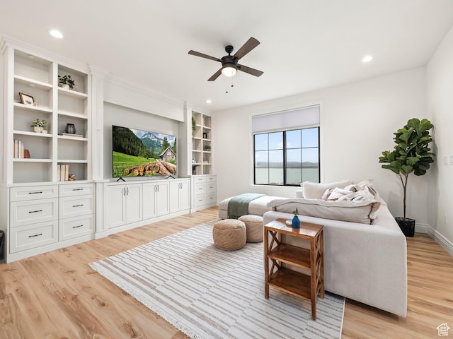 5351 S Lincoln Beach Rd, Spanish Fork, UT 84660 - living room with ceiling fan, light wood finished floors, baseboards, and recessed lighting