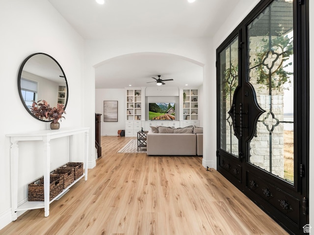 5351 S Lincoln Beach Rd, Spanish Fork, UT 84660 - foyer with arched walkways, light wood finished floors, recessed lighting, a ceiling fan, and baseboards