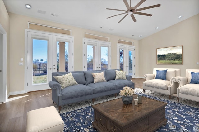 728 N Bandolier Ln, Washington, UT 84780 - living room with french doors, wood finished floors, baseboards, ceiling fan, and recessed lighting