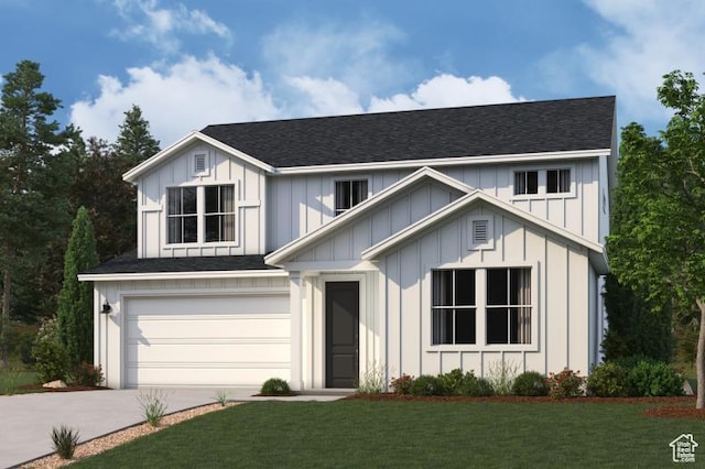 modern farmhouse with board and batten siding, a front yard, an attached garage, a shingled roof, and driveway