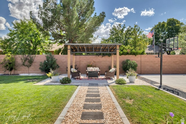 219 W Elinor Ln, Washington, UT 84780 - view of yard with an outdoor hangout area, a patio, a fenced backyard, and a pergola