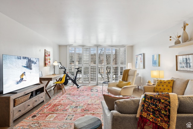 living area featuring a wall of windows and wood finished floors