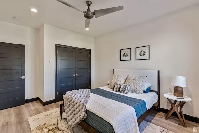 840 W Hilltop Ct, Francis, UT 84036 - bedroom with recessed lighting, a closet, light wood-style flooring, ceiling fan, and baseboards