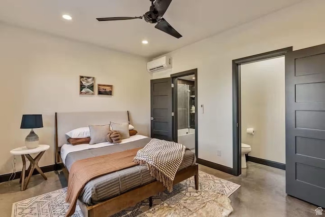 840 W Hilltop Ct, Francis, UT 84036 - bedroom with recessed lighting, concrete floors, baseboards, a wall mounted air conditioner, and ensuite bath