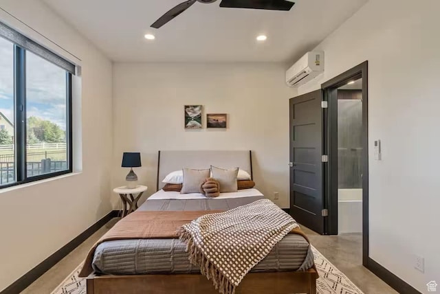 840 W Hilltop Ct, Francis, UT 84036 - bedroom featuring recessed lighting, finished concrete floors, a ceiling fan, an AC wall unit, and baseboards