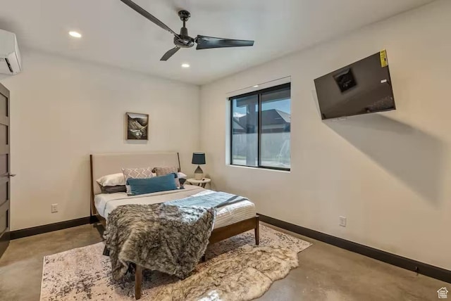 840 W Hilltop Ct, Francis, UT 84036 - bedroom with concrete flooring, recessed lighting, a ceiling fan, baseboards, and an AC wall unit