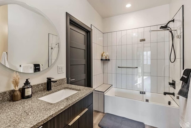 840 W Hilltop Ct, Francis, UT 84036 - bathroom featuring recessed lighting, wood finished floors, vanity, and bath / shower combo with glass door