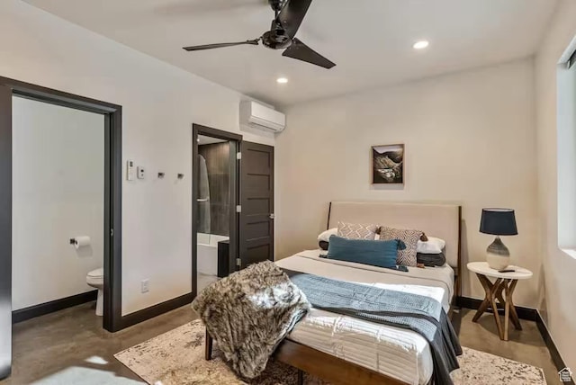 840 W Hilltop Ct, Francis, UT 84036 - bedroom featuring finished concrete flooring, baseboards, ensuite bathroom, a wall mounted air conditioner, and recessed lighting