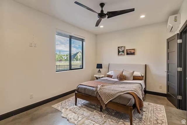 840 W Hilltop Ct, Francis, UT 84036 - bedroom with recessed lighting, a ceiling fan, an AC wall unit, concrete floors, and baseboards