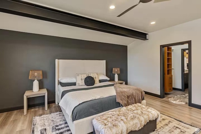 840 W Hilltop Ct, Francis, UT 84036 - bedroom with baseboards, ceiling fan, light wood-style floors, beam ceiling, and recessed lighting