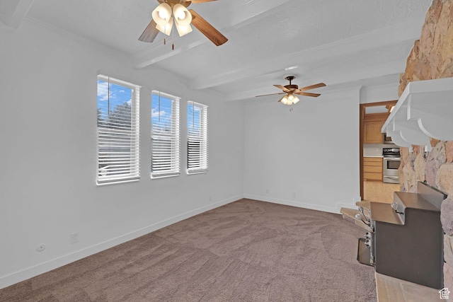 8693 S Vaquero Dr, Sandy, UT 84094 - unfurnished living room with beam ceiling, a ceiling fan, baseboards, and light carpet