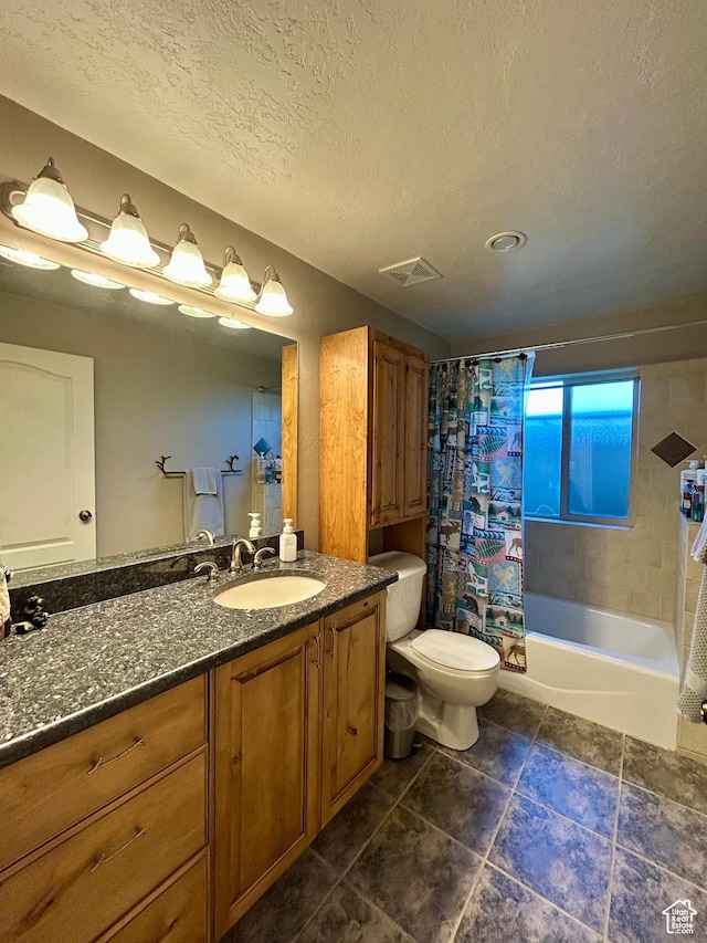 9575 Aztec Dr, Cedar Hills, UT 84062 - full bath featuring a textured ceiling, visible vents, shower / tub combo, vanity, and toilet