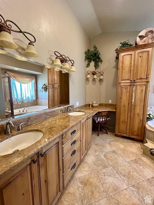9575 Aztec Dr, Cedar Hills, UT 84062 - full bathroom featuring double vanity, vaulted ceiling, a sink, and a bath