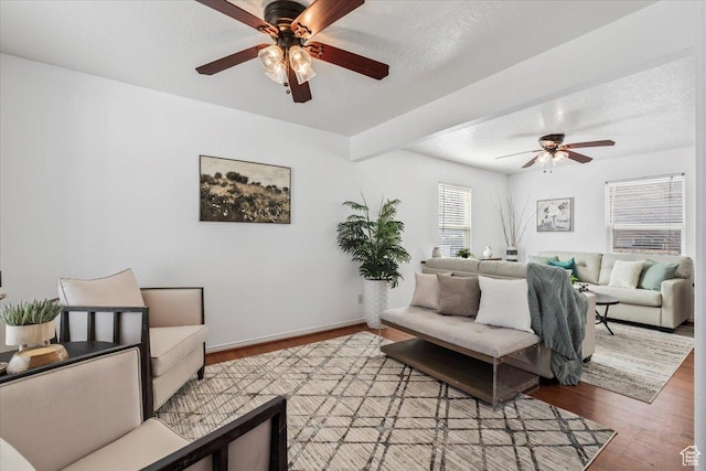 2419 N Nectar Way, Saratoga Springs, UT 84045 - living room with a ceiling fan, wood finished floors, a textured ceiling, and baseboards