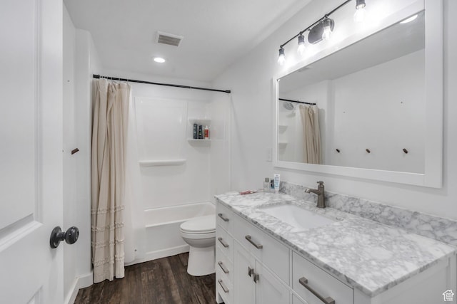 437 S Burr Oak Ln W, Saratoga Springs, UT 84045 - full bathroom with toilet, wood finished floors, visible vents, vanity, and shower / tub combo with curtain