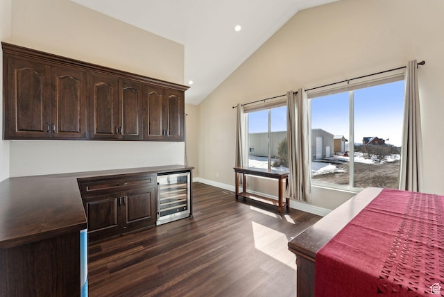 11680 E 29130 N, Fairview, UT 84629 - kitchen with wine cooler, dark brown cabinetry, dark wood-style flooring, baseboards, and recessed lighting