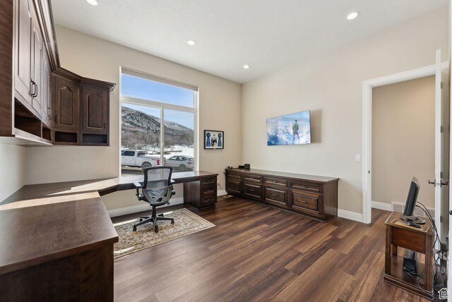 11680 E 29130 N, Fairview, UT 84629 - office space featuring a mountain view, dark wood-style floors, recessed lighting, and baseboards