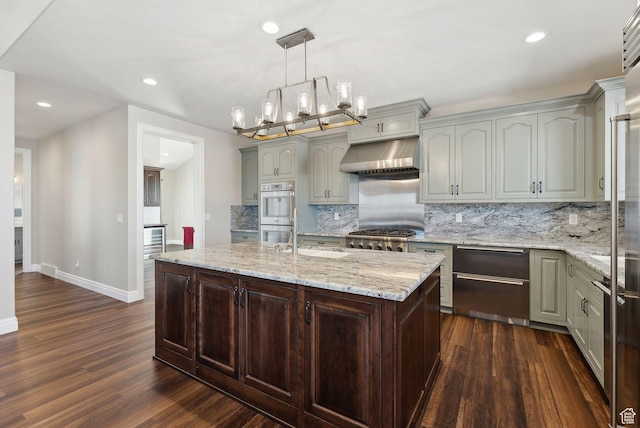 11680 E 29130 N, Fairview, UT 84629 - kitchen featuring ventilation hood, backsplash, dark wood-style floors, baseboards, and a chandelier