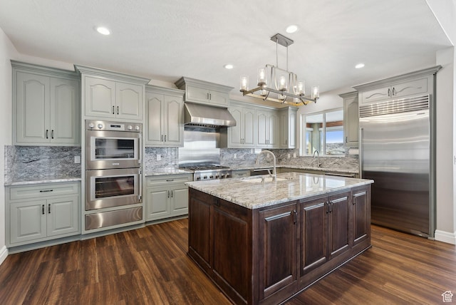11680 E 29130 N, Fairview, UT 84629 - kitchen featuring stainless steel appliances, a warming drawer, extractor fan, dark wood finished floors, and decorative backsplash