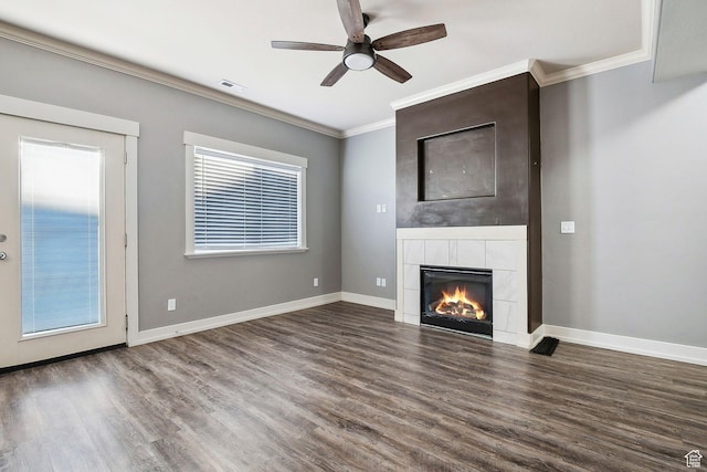 2887 N 1175 W, Layton, UT 84041 - unfurnished living room with baseboards, visible vents, ornamental molding, wood finished floors, and a fireplace
