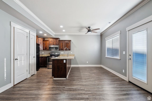 2887 N 1175 W, Layton, UT 84041 - kitchen featuring baseboards, ornamental molding, stainless steel appliances, and dark wood-style flooring