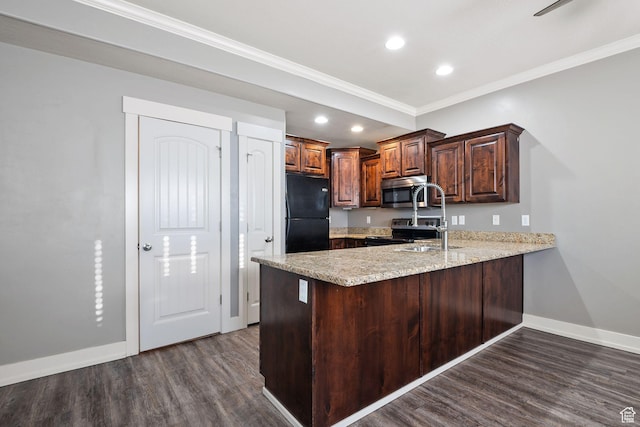 2887 N 1175 W, Layton, UT 84041 - kitchen with stainless steel appliances, dark wood-type flooring, ornamental molding, and a peninsula