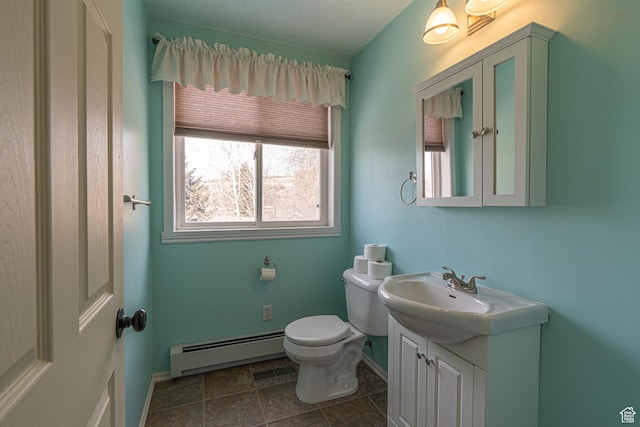 1045 Fox Farm Rd, Logan, UT 84321 - half bath featuring baseboards, visible vents, toilet, vanity, and a baseboard heating unit
