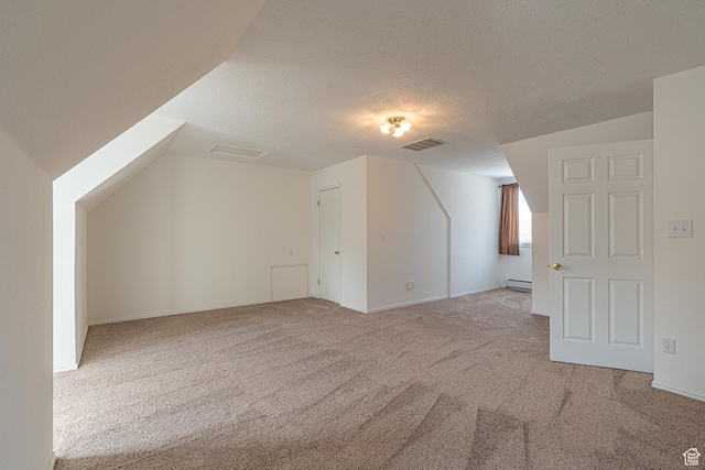 1045 Fox Farm Rd, Logan, UT 84321 - bonus room with carpet, visible vents, a textured ceiling, and a baseboard radiator