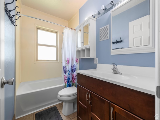full bath featuring tile patterned flooring, toilet, vanity, and shower / bath combo