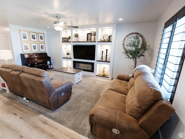 926 N 165 W, Nephi, UT 84648 - living room with light wood finished floors, baseboards, a ceiling fan, a glass covered fireplace, and built in shelves