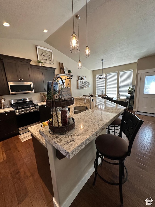 338 S 1230 E, Tooele, UT 84074 - kitchen featuring appliances with stainless steel finishes, a kitchen breakfast bar, dark wood-style floors, lofted ceiling, and a sink