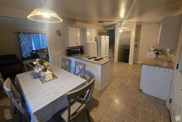 777 Simoron Dr, Ogden, UT 84404 - kitchen featuring a ceiling fan, a sink, white cabinetry, white appliances, and a peninsula
