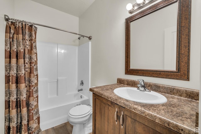 6116 S Rocky Talus Way, St George, UT 84790 - full bathroom with shower / bathtub combination with curtain, vanity, toilet, and wood finished floors