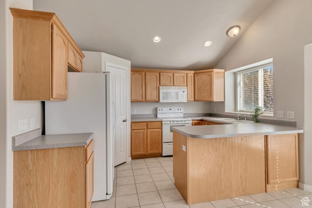 kitchen featuring light tile patterned floors, recessed lighting, a peninsula, white appliances, and a sink