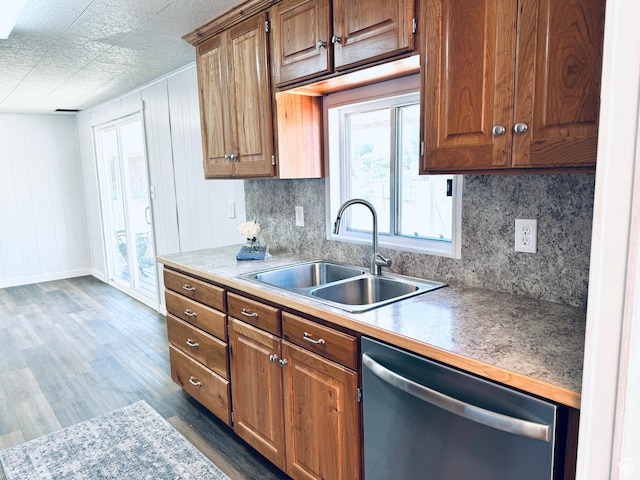 350 S 200 E, Ephraim, UT 84627 - kitchen with light countertops, backsplash, dark wood-type flooring, a sink, and dishwasher