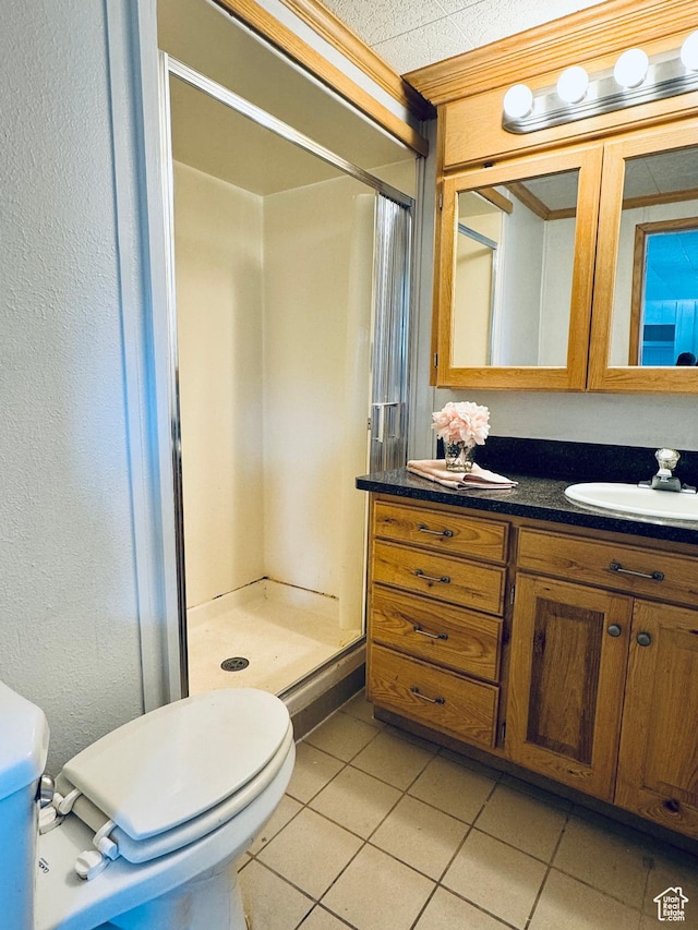 350 S 200 E, Ephraim, UT 84627 - bathroom featuring tile patterned flooring, a shower stall, toilet, and vanity