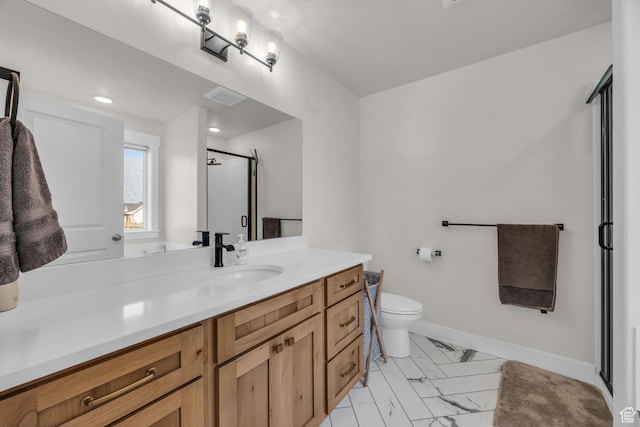 9444 N 4800 W, Elwood, UT 84337 - bathroom with a stall shower, vanity, marble finish floors, toilet, and baseboards